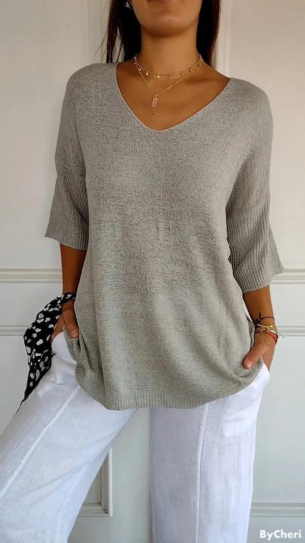 TILLFÄLLIGT 50% RABATT | Willow™ | Enfärgad stickad topp med V-ringning - Image 8